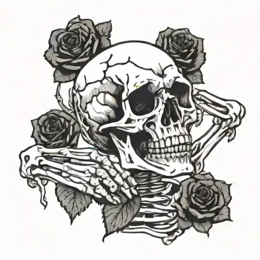 Top half of skeleton with arms raised with hands on head. Skull open with one side showing fresh roses, the other wilted tattoo design idea