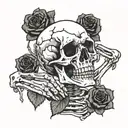 Top half of skeleton with arms raised with hands on head. Skull open with one side showing fresh roses, the other wilted tattoo design idea