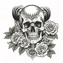 Top half of skeleton with arms raised with hands on head. Skull open with one side showing fresh roses, the other wilted tattoo design idea