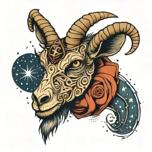A mystical tattoo of a Capricorn goat wrapped in bandages like a mummy under a starry night sky tattoo design idea