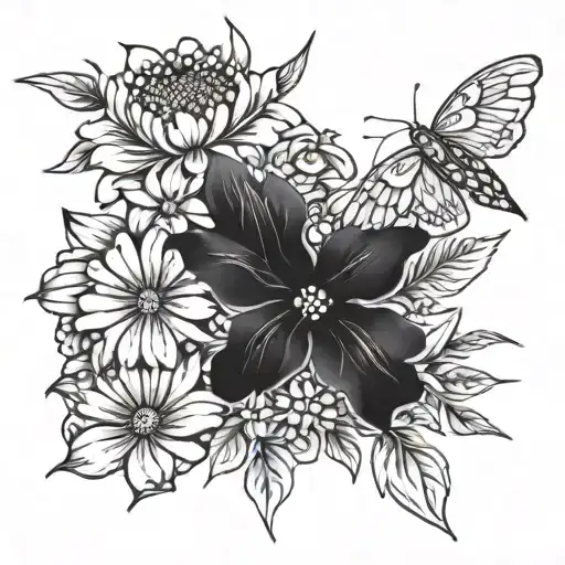 three Locust flowers with one violet flower, three carination flowers and one daisy flower. covering the entire arm tattoo design idea