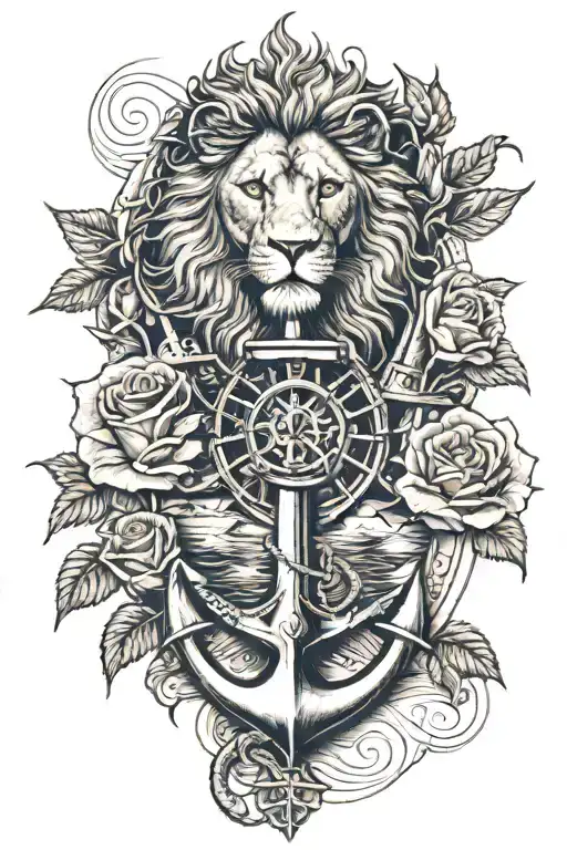 lion, anchor, roses, compas rose, dove flying, sea with boat and sunrising,  tattoo design idea