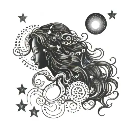 female silhouette goddess long hair water moon sun stars tattoo design idea