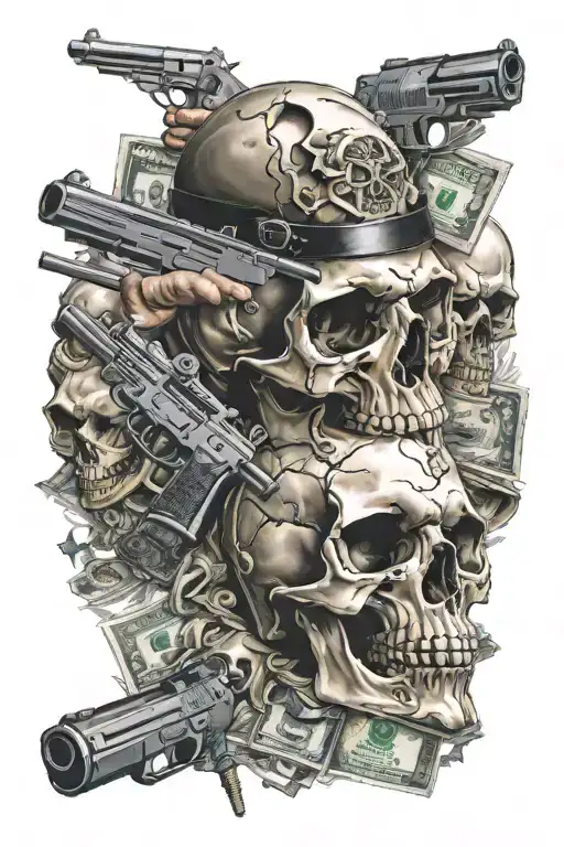 skulls guns and money tattoo design idea