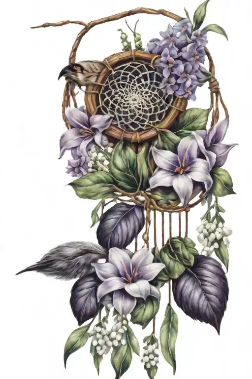 Violets, daisies and lilies of the valley with a dream catcher without anything else tattoo design idea