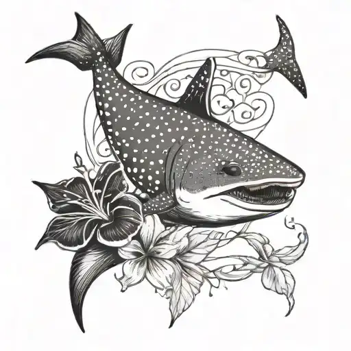 A blackwork tattoo of a whale shark with a hibiscus flower in the background tattoo design idea