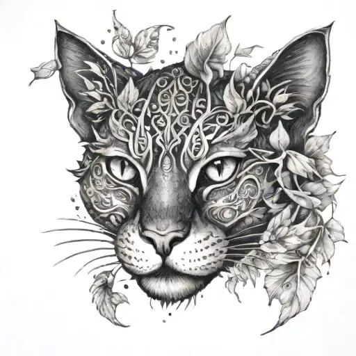 cat dragon with leafs and birds tattoo design idea