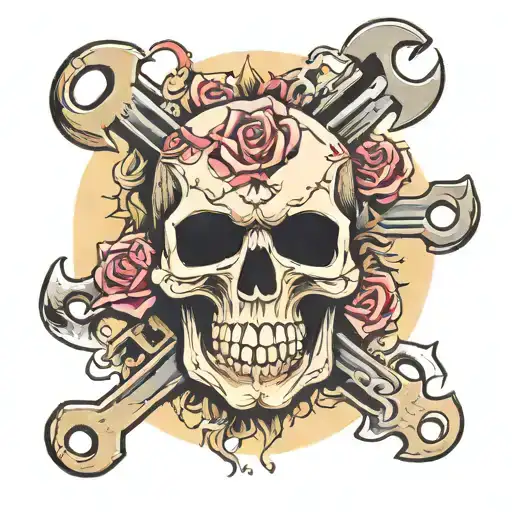 skull, wrenches, pink floyd, black sabbath tattoo design idea