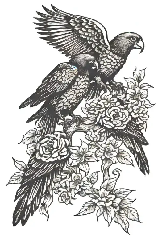 crow  and macaw opposing  tattoo design idea