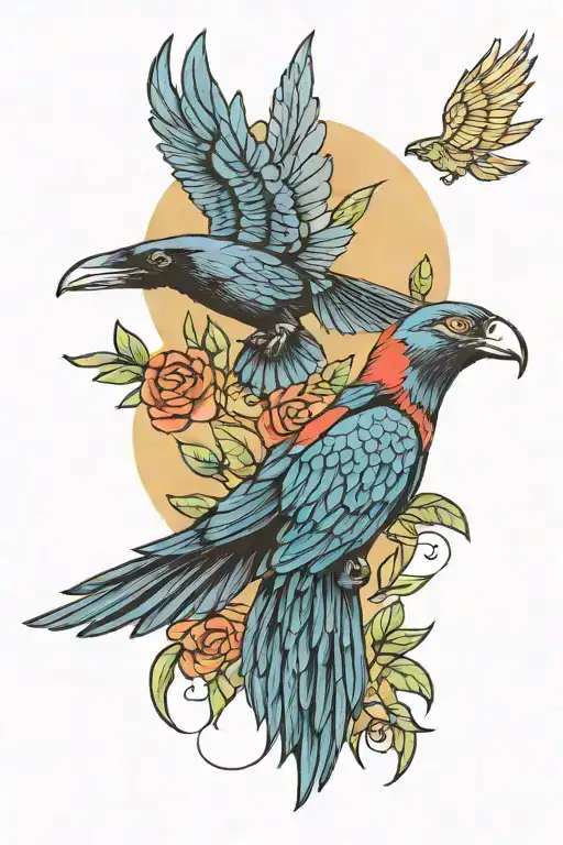 raven and macaw flying away tattoo design idea