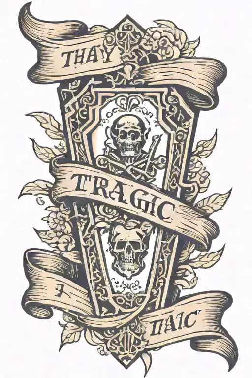 coffin with banner ribbon across the front thay says "tragic" tattoo design idea