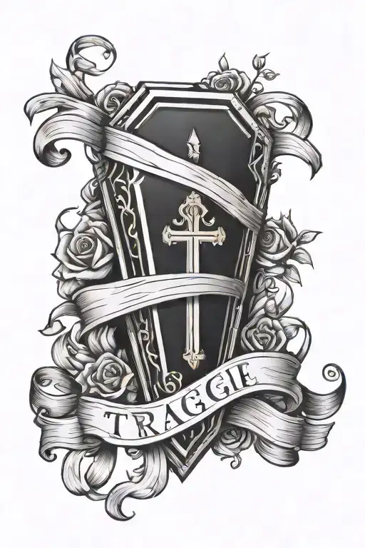 coffin with banner ribbon across the front "tragic" tattoo design idea