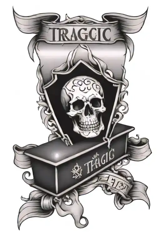 large coffin with banner ribbon across the front "tragic" tattoo design idea