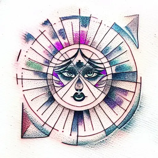 women's portrait with water color sacred geometry  tattoo design idea
