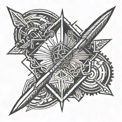 Hand to hand combat knife, parachuting, crossfit barbell surrounded tattoo design idea