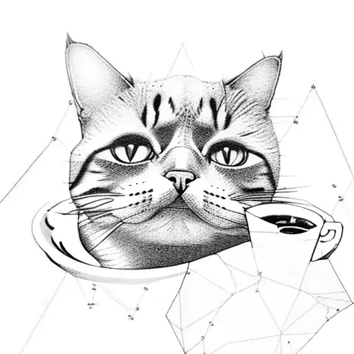 A cat sitting on a mountain peak, with a coffee cup in one paw and a blueprint in the other tattoo design idea