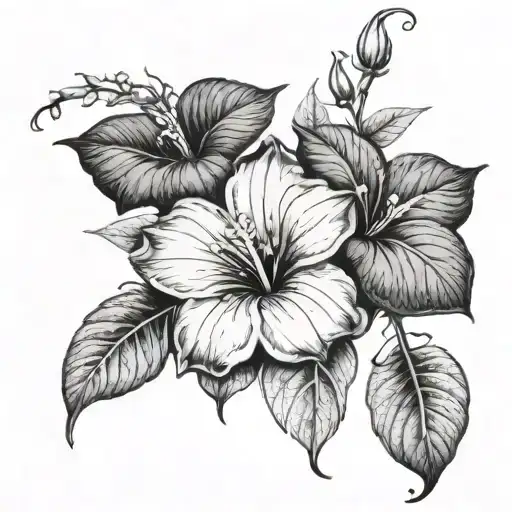 Morning glories, curcuma, new guinea impatiens, panicled hydrangea, rocket trumpet full sleeve tattoo design, black and  tattoo design idea