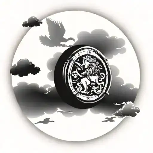 Saint Michael Lion Clock clouds tattoo design idea