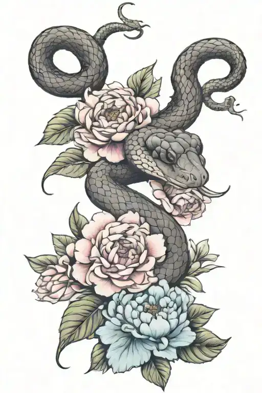 closed mouth snake, head at wrist with peonies and hydrangeas  tattoo design idea