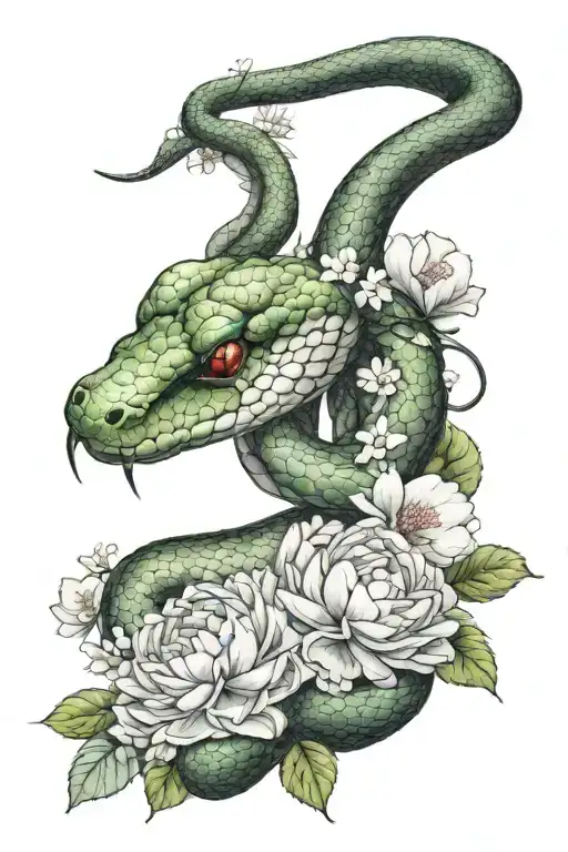 closed mouth snake with hydrangeas and peonies blooming tattoo design idea