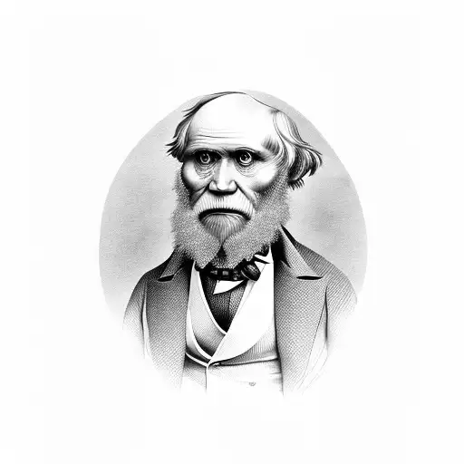 A detailed portrait of Charles Darwin surrounded by a tree depicting the stages of evolution tattoo design idea