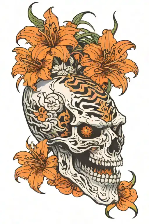 tiger skull with spider lily flower tattoo design idea