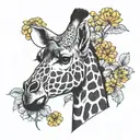 Giraffe head with part of its neck with marigolds by the giraffe ears/horns At the base of the giraffe neck have sunflow tattoo design idea