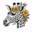 Giraffe head with part of its neck with marigolds by the giraffe ears/horns At the base of the giraffe neck have sunflow tattoo design idea