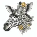 Giraffe head with part of its neck with marigolds by the giraffe ears/horns At the base of the giraffe neck have sunflow tattoo design idea