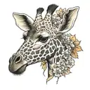 Giraffe head with part of its neck with marigolds by the giraffe ears/horns At the base of the giraffe neck have sunflow tattoo design idea