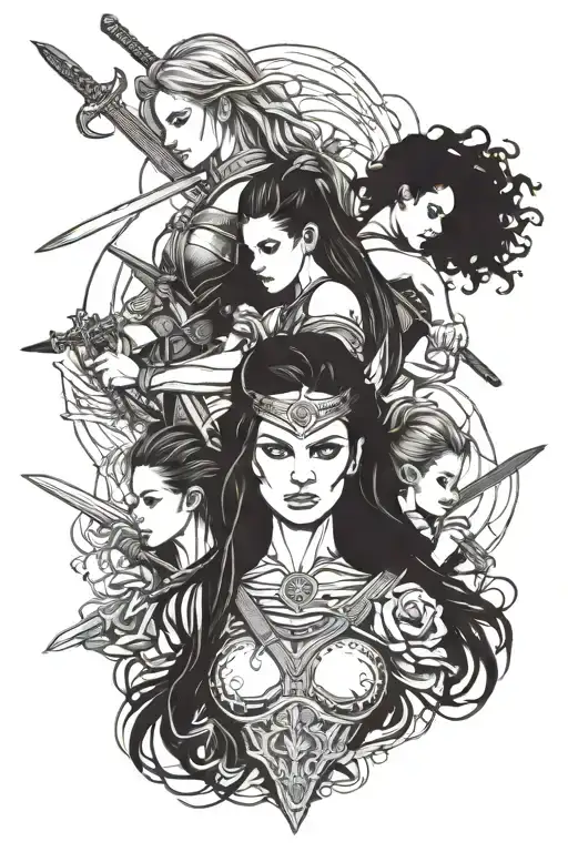 mom and two daughters fighting social anxiety together. warrior. sword.   tattoo design idea