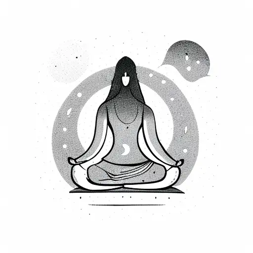 woman sitting meditating in the shape of a mountain with streams around the mountain and evergreen trees tattoo design idea