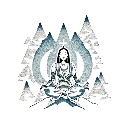 woman sitting meditating in the shape of a mountain with streams around the mountain and evergreen trees tattoo design idea