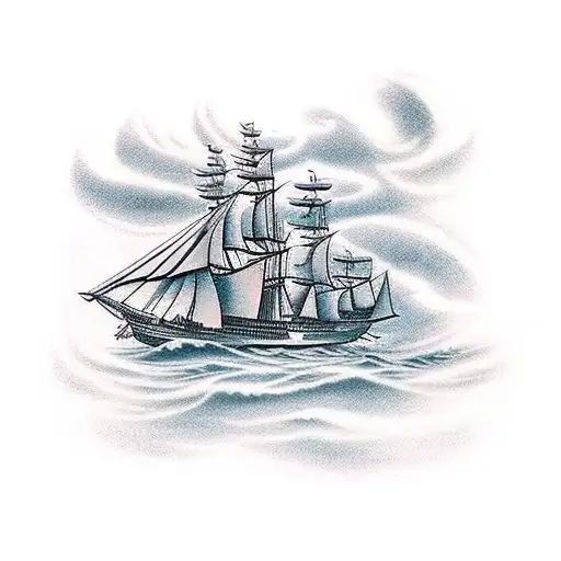 Envision a majestic sailing ship, its sails billowing with the force of a fierce storm tattoo design idea