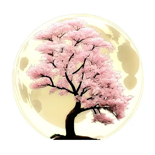 Picture a serene cherry blossom tree standing tall against the backdrop of a full moon tattoo design idea