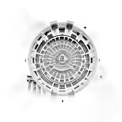 A Roman colosseum with philosophical symbols incorporated into the architecture tattoo design idea