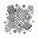 A chessboard pattern with game controllers and dog paw prints as the pieces tattoo design idea