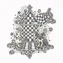 A chessboard pattern with game controllers and dog paw prints as the pieces tattoo design idea