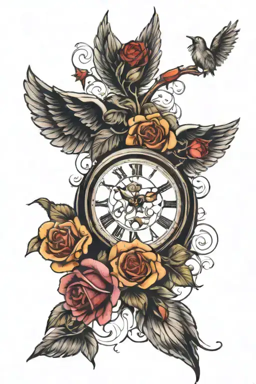 roses and angels and clock  tattoo design idea