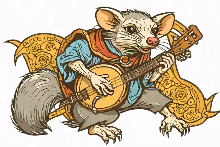 opossum playing banjo tattoo design idea
