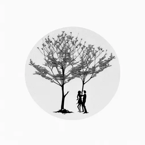 A silhouette of a couple dancing under a tree with branches shaped like guitar strings. Based on "fake plastic trees" tattoo design idea