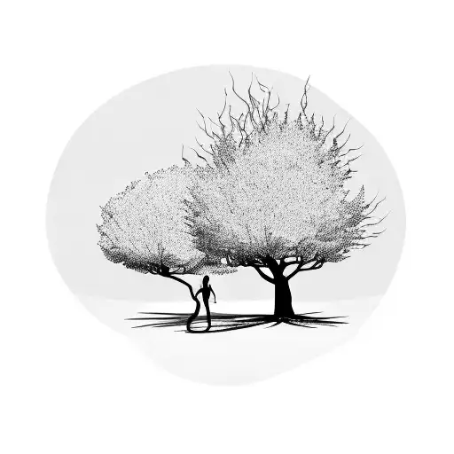 A silhouette of a couple dancing under a tree with branches shaped like guitar strings. Based on "fake plastic trees" tattoo design idea