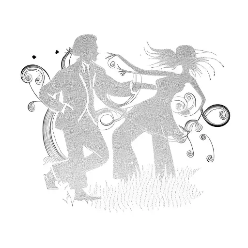 A silhouette of a couple dancing under a tree with branches shaped like guitar strings tattoo design idea