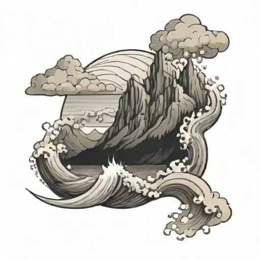 rocky mountains and ocean waves crashing tattoo design idea