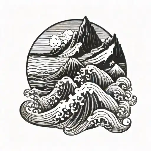 rocky mountains and ocean waves forming tattoo design idea