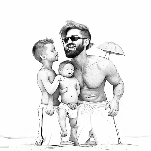 father and two sons on beach tattoo design idea