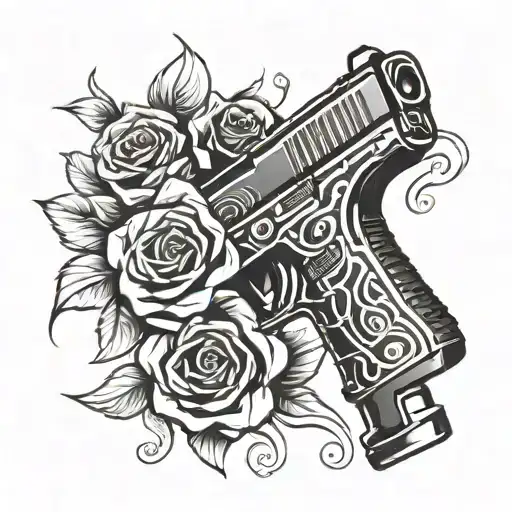 Glock 9mm gun with a rose out of the barrel tattoo design idea
