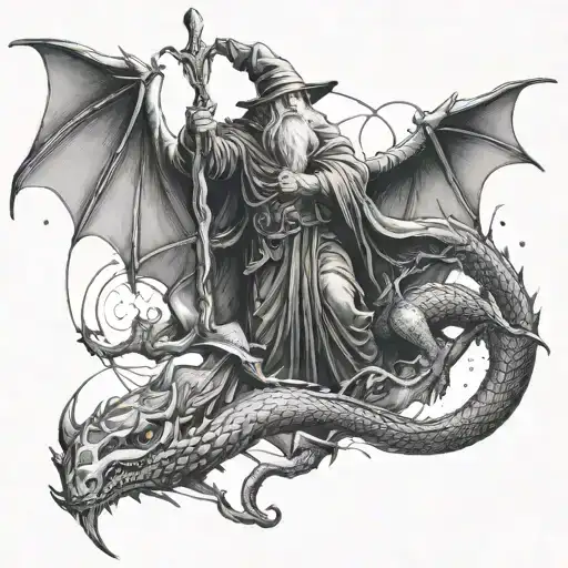 A lord of the rings inspired design featuring a powerful wizard and a dragon in battle tattoo design idea