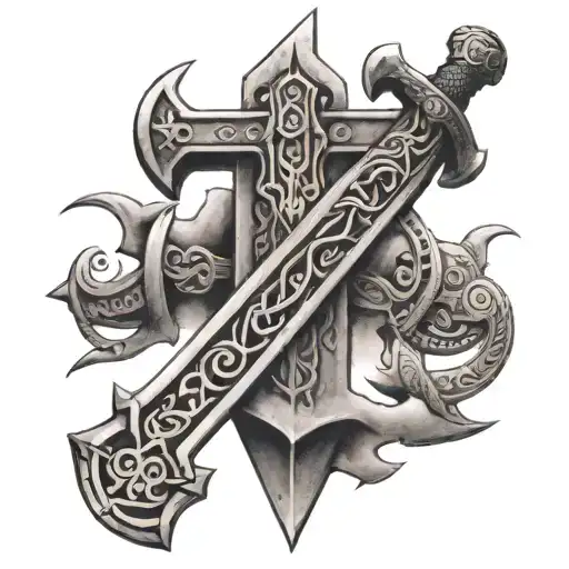 a sword stuck in an anvil adorned with Viking symbols tattoo design idea