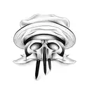 black mob hat and barber sissors with nurse hat linked by a needle and thread tattoo design idea